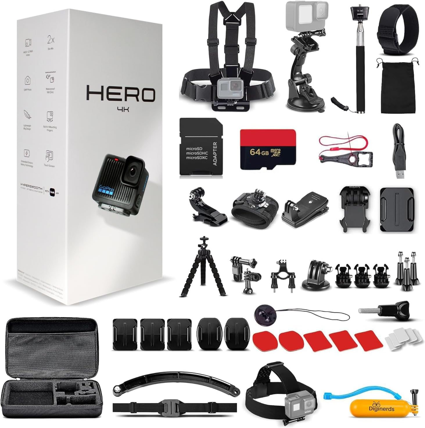 GoPro Hero (Go Pro Hero) Black Compact - Waterproof Action Camera with 4K Ultra HD Video  12MP Photos  Stabilization + 50-in-1 Accessory Kit + 64GB Card + More