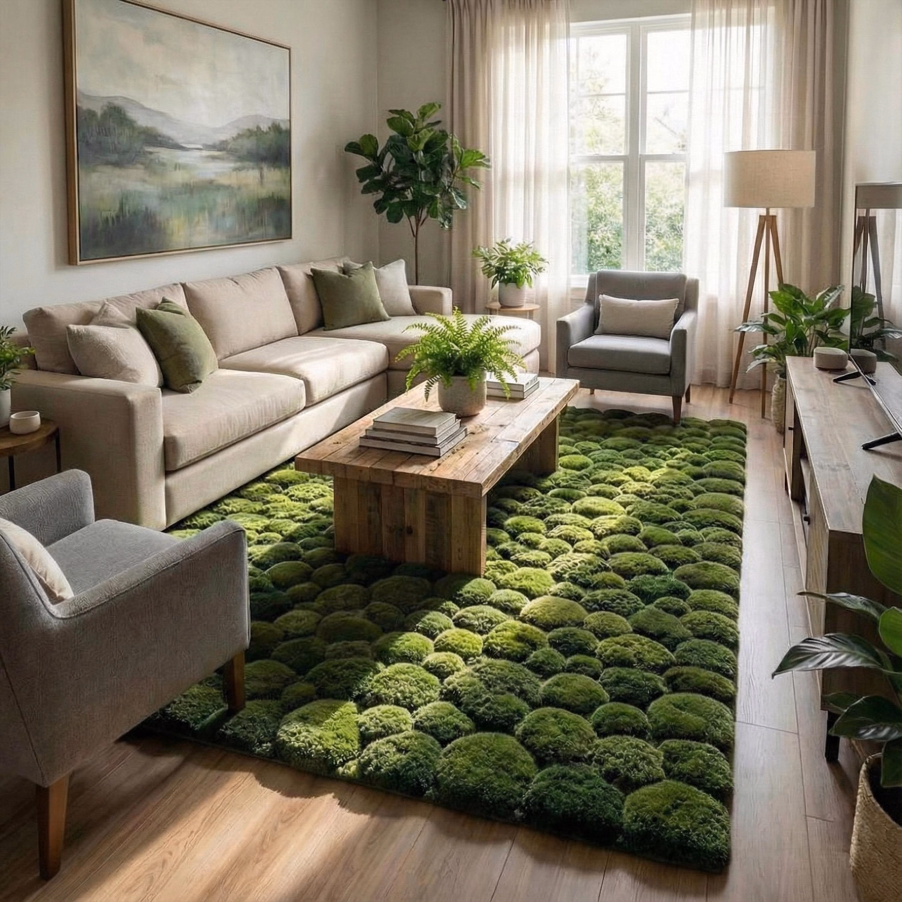 Moss Rug, Grass Rug for Living Room Bedroom, Hand Tufted Green Moss Carpet, 3D Sculpted Nature Inspired Nursery Rug
