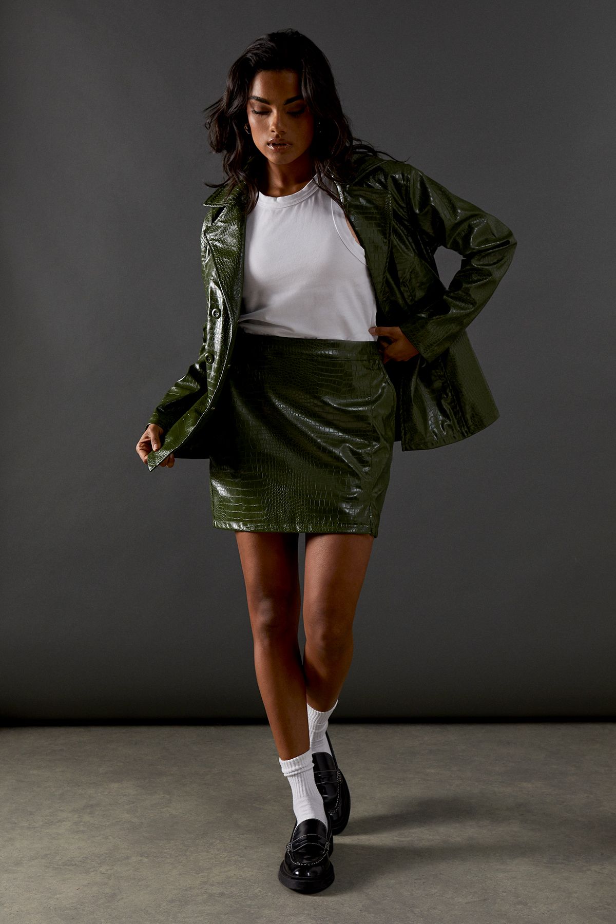 Warehouse Croc Waist Detail Faux Leather Jacket