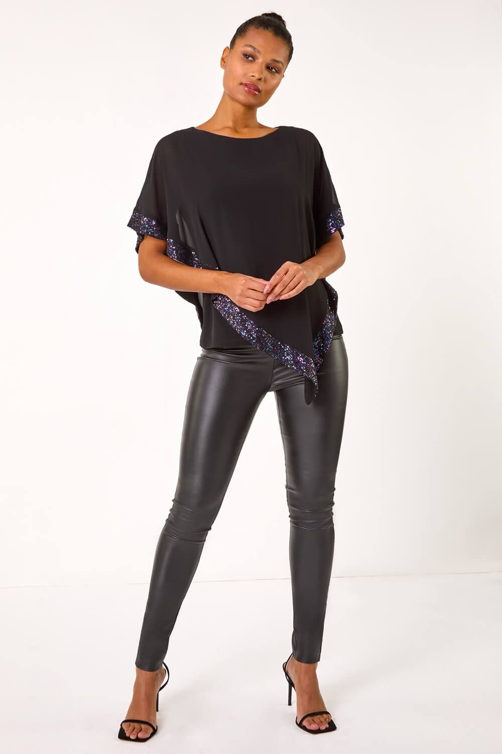 Roman Sequin Hem Overlay Stretch Top
