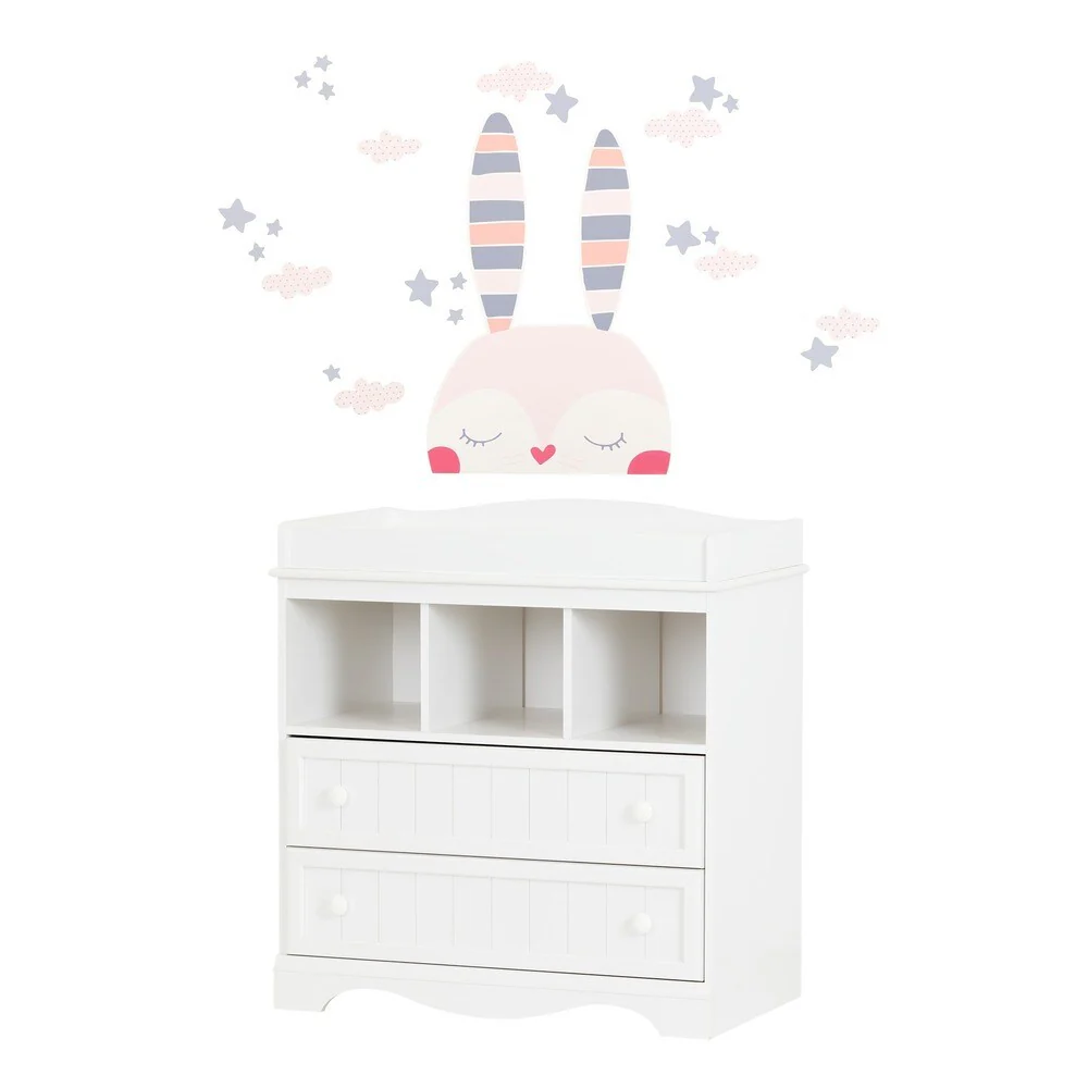 South Shore Savannah Pure White and Pink Changing Table with Doudou the rabbit Wall Decals