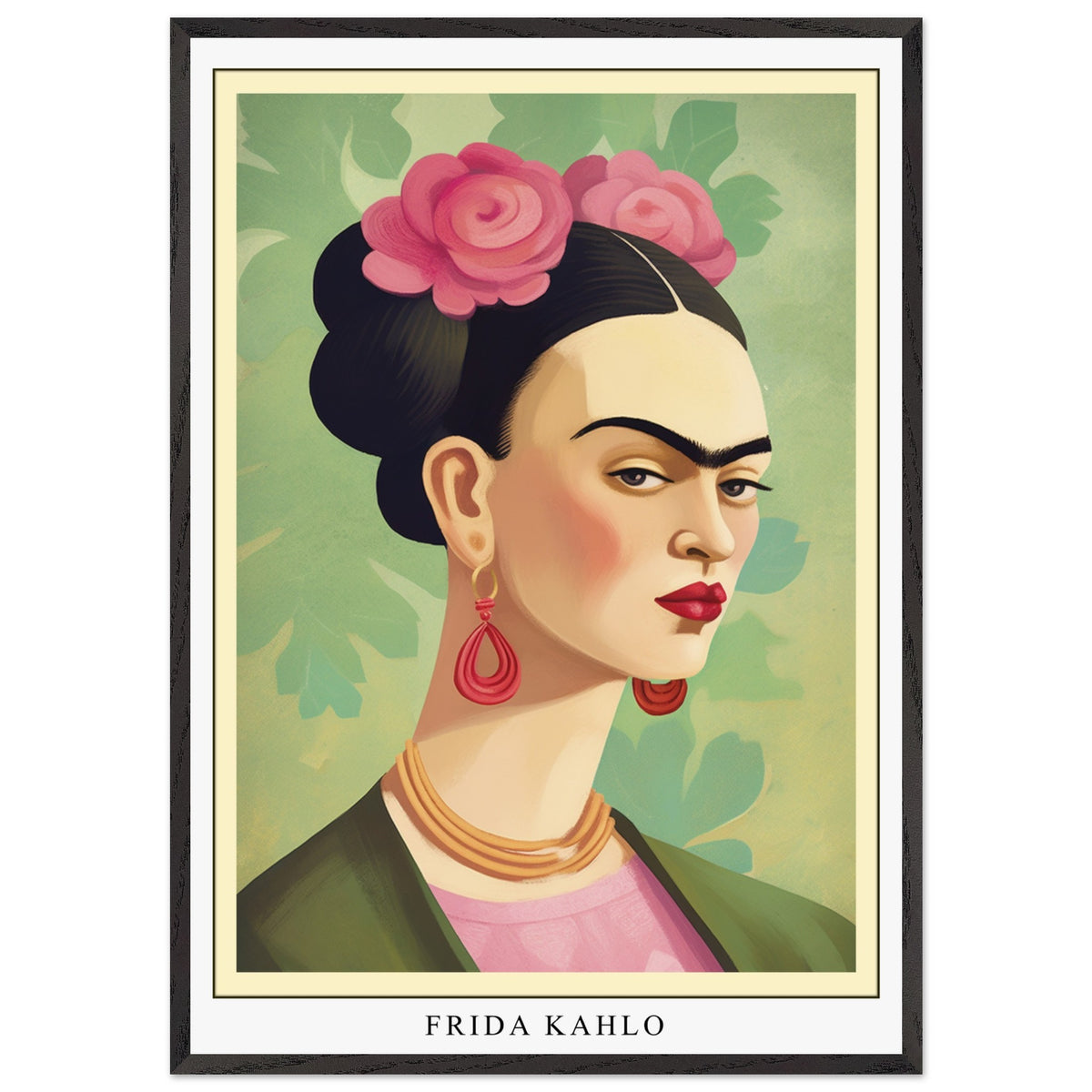 Artfulprints Poster met Lijst Frida Kahlo - Floral icon portrait  - 70x100 cm - Groen