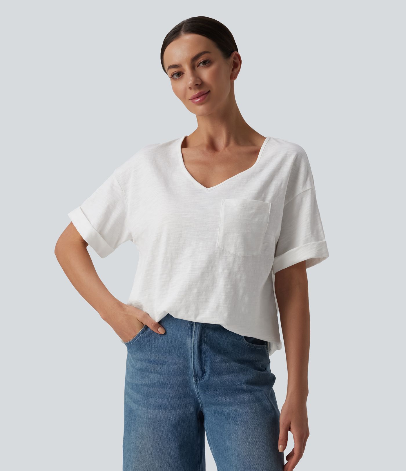 T-shirt casual ample col cœur manches courtes retroussées en coton slub avec poche