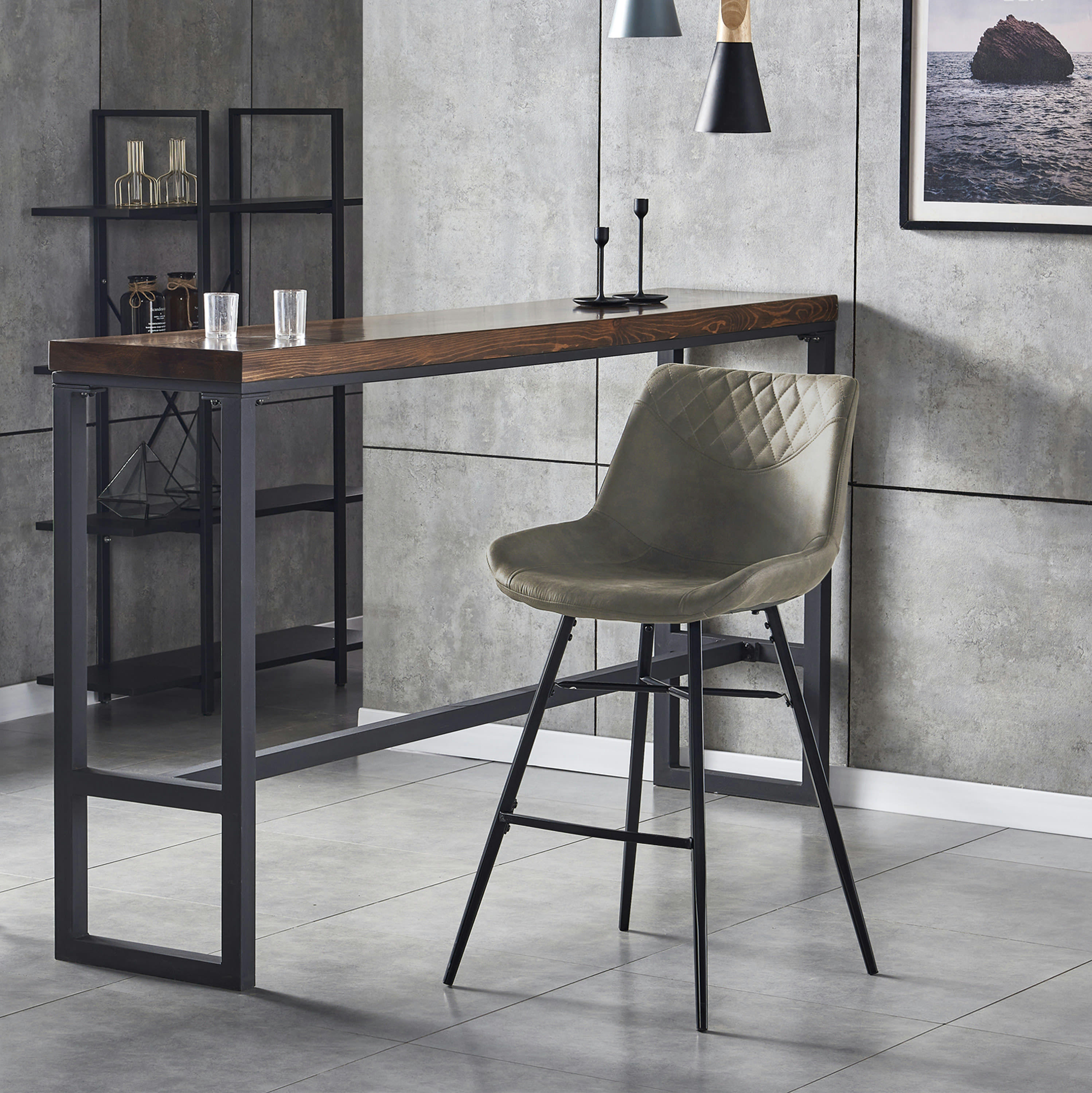 QUEENS - Chaises haute industrielle micro vintage marron clair /métal noir (x4)