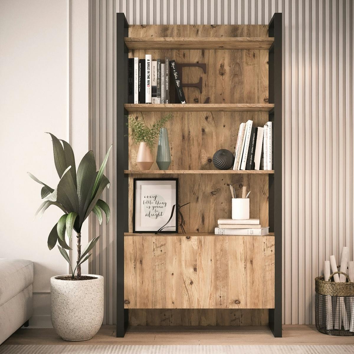 Bibliothèque de salon effet bois, 1 niche fermée JENA