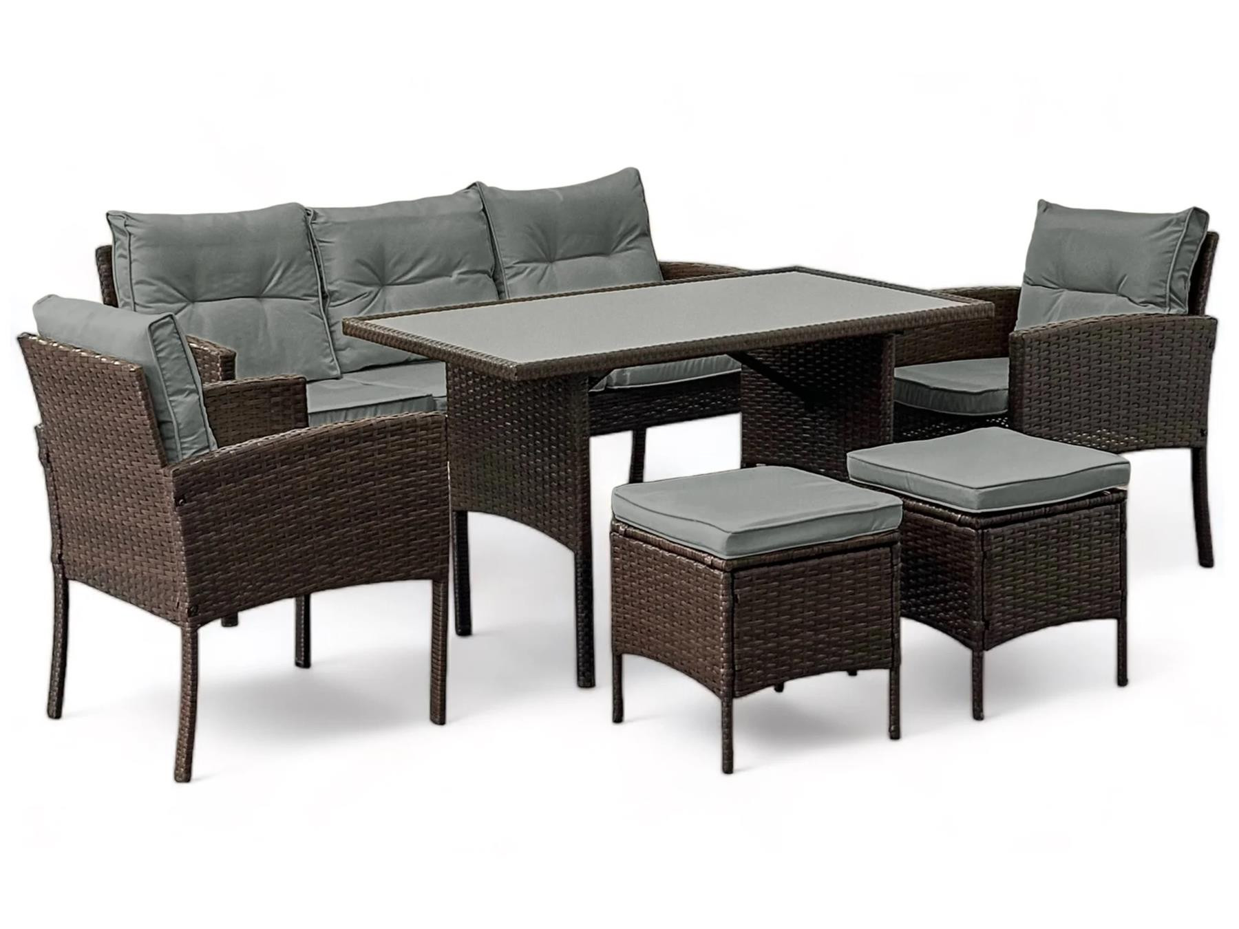 Meble Wypoczynkowe PATIO Sofa, Stolik, Fotele i Pufy Brązowy Poduszki Szare