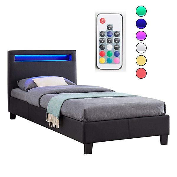 Lit LED Simple 90x190 cm avec Sommier et Tete de Lit Noir