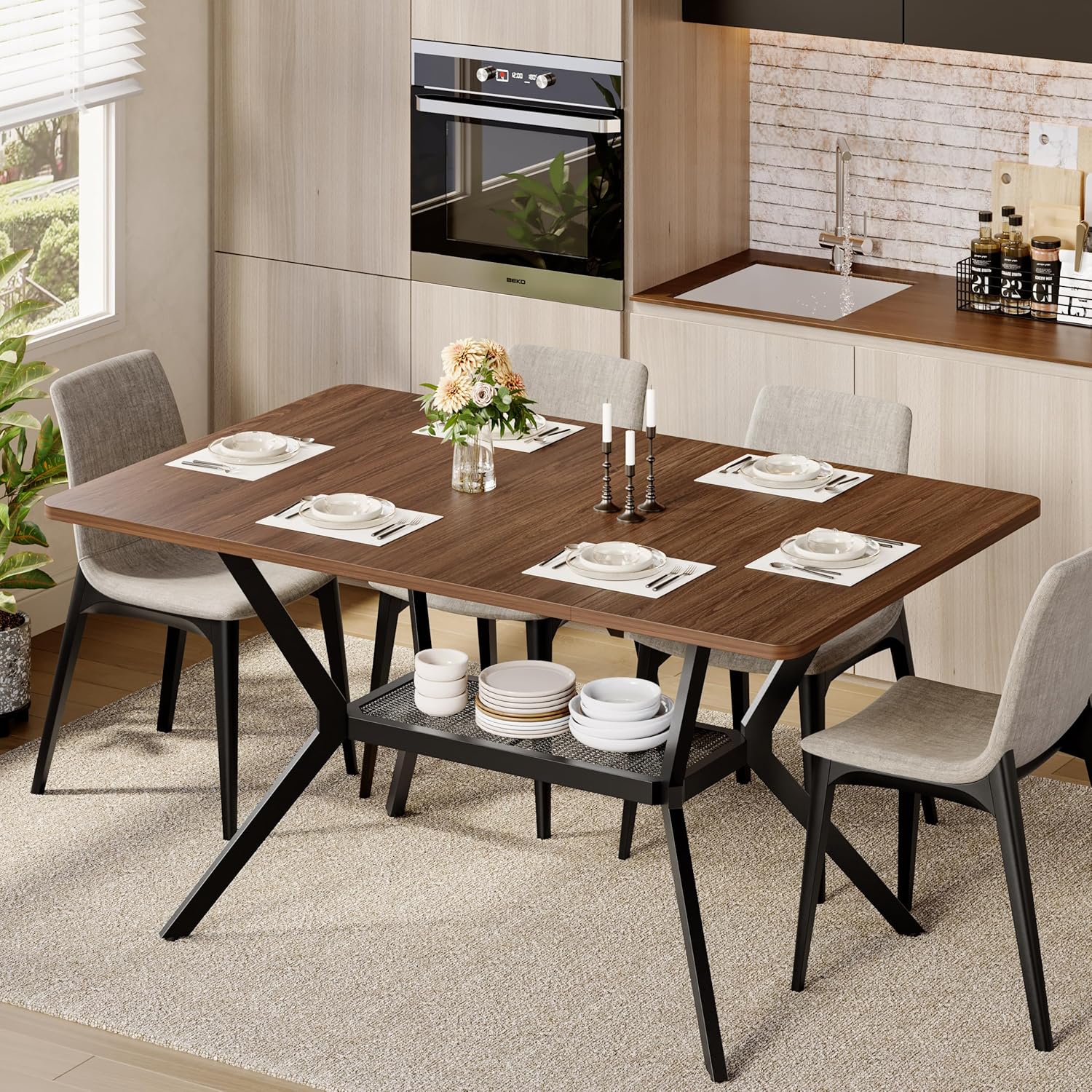 55 inch Dining Table for 4-6, Rectangle Kitchen Table with Storage Shelf, Space Saving Modern Farmhouse Design with Sturdy Metal Legs for Dining Room & Small Apartments