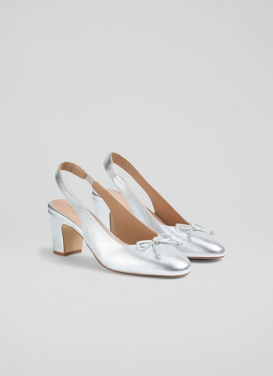 Louise Silver Metallic Leather Slingback Courts