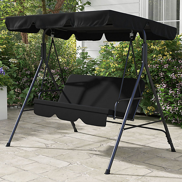 Balancelle de jardin 3 places avec toit réglable, structure en acier stable, noire, 172 x 110 x 153 cm, pour jardin et terrasse