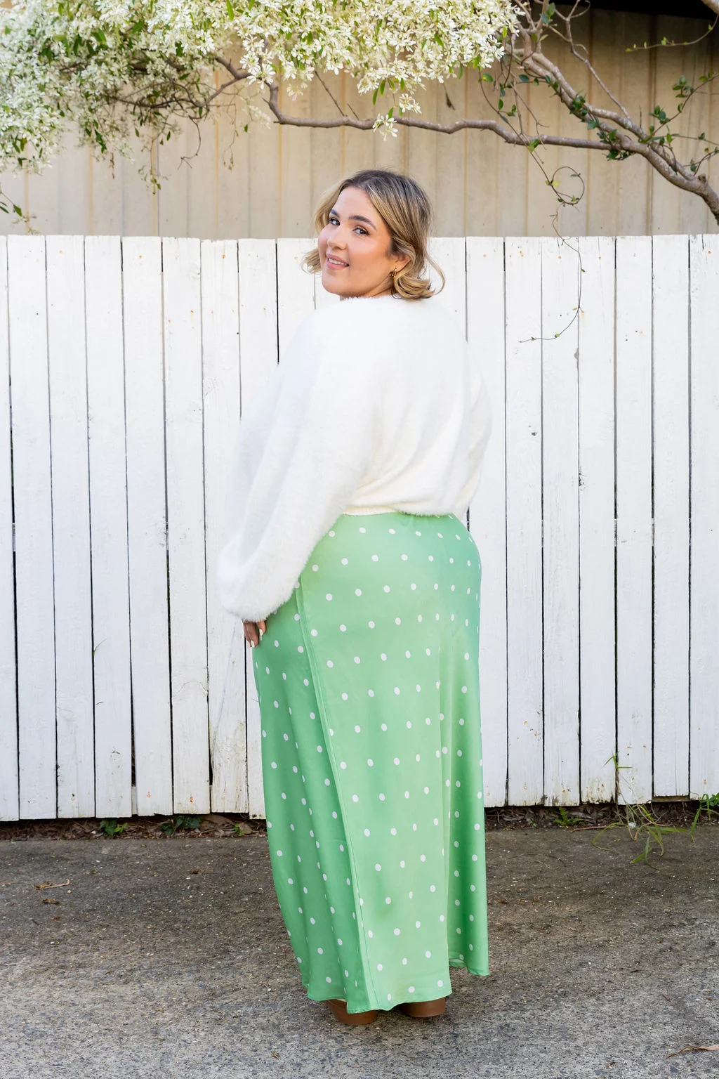 Livy Bias Skirt in Matcha/Cream Polka Dot