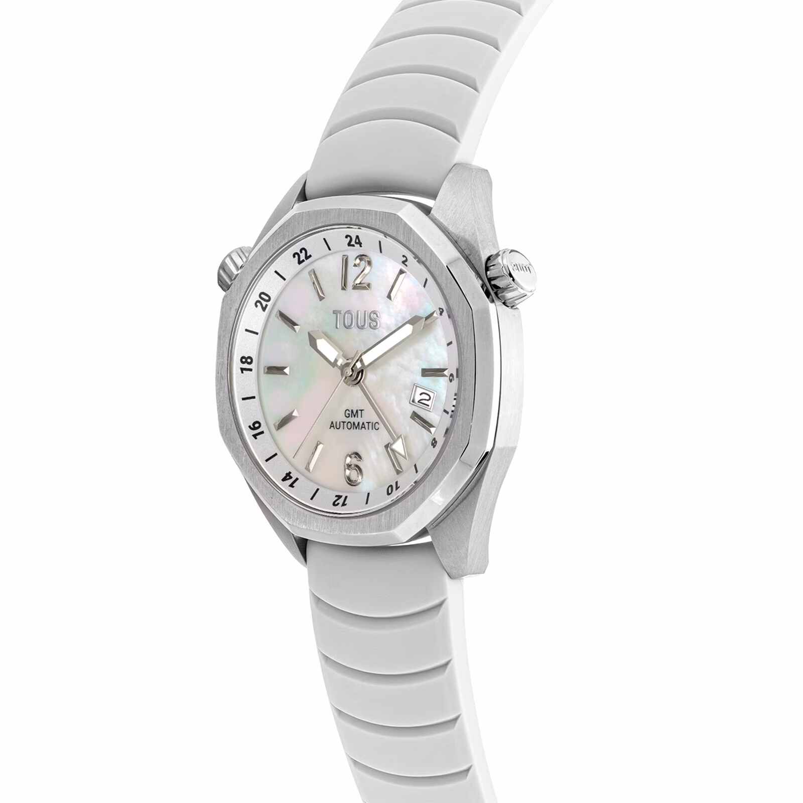 Reloj gmt automático con correa de silicona blanca, caja de acero y esfera de nácar TOUS Now