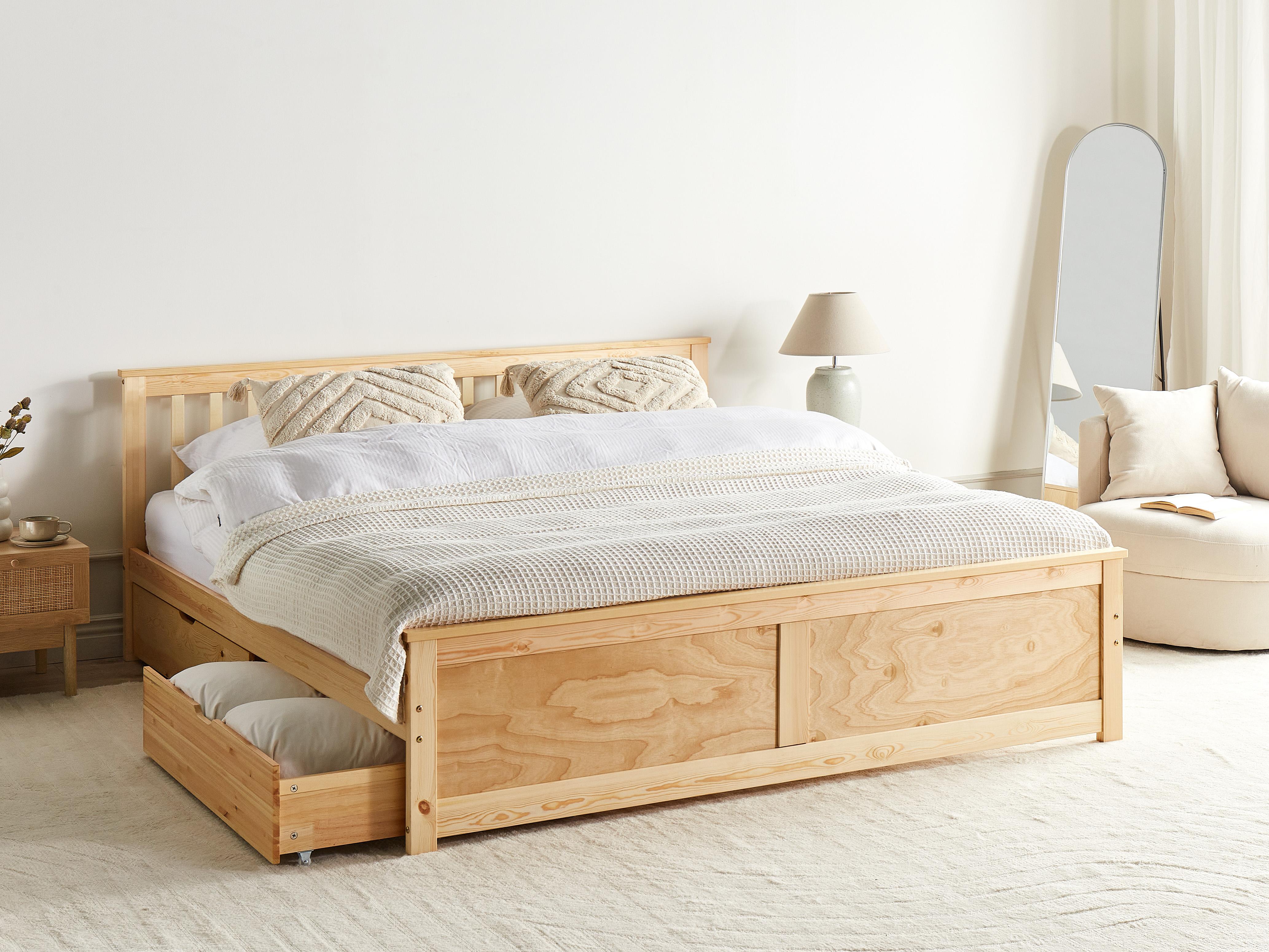 Bed with 4 Drawers Pine Wood OLENDON 160 x 200 cm (EU King Size) Light Brown