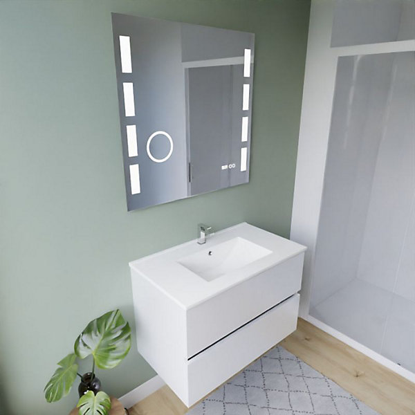 Meuble vasque ROSALY INOX 80 cm   miroir Excell Plus- Blanc- Plan vasque en Céramique