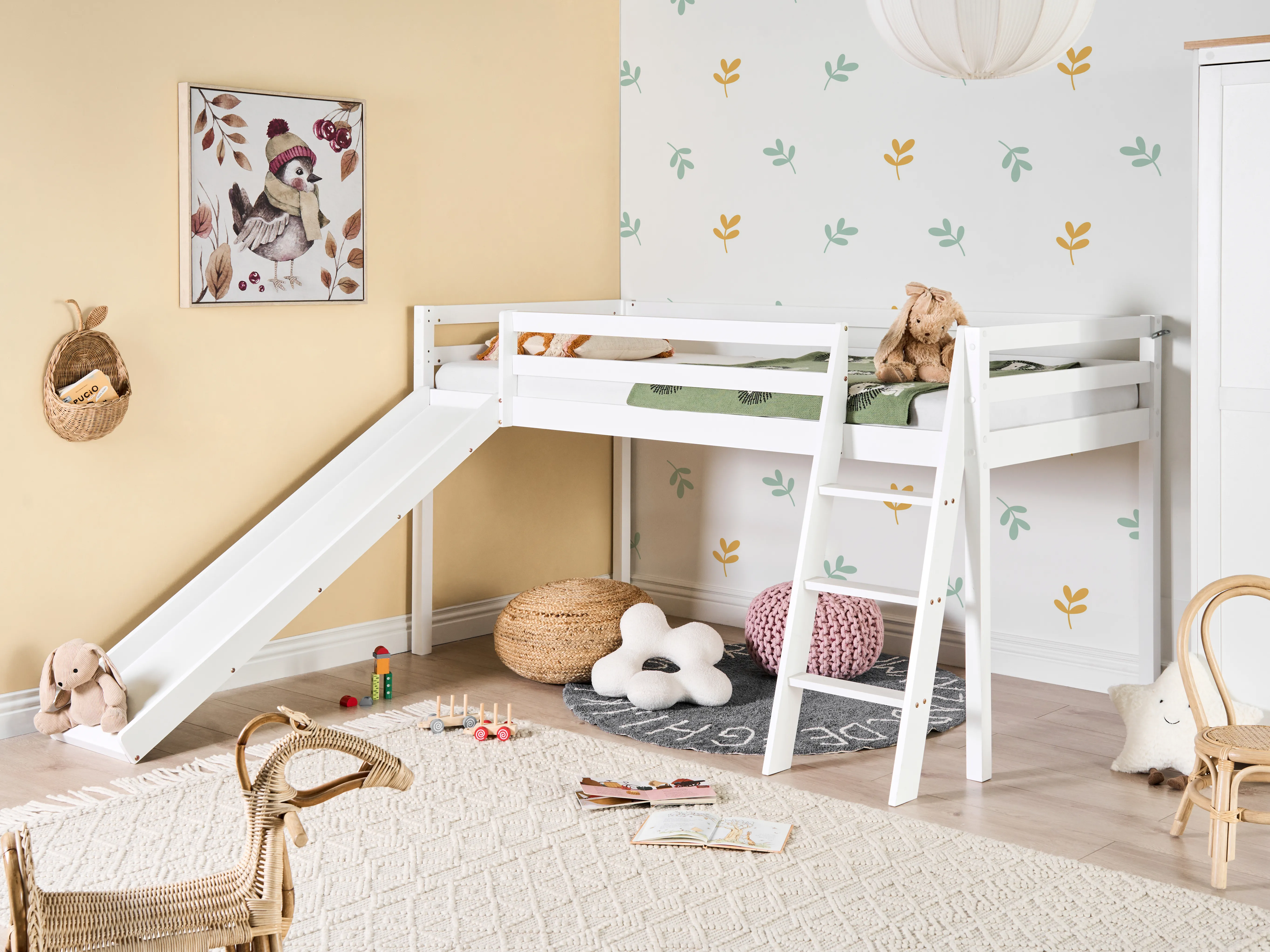 Mid Sleeper Bed Pine Wood STAPLE 90 x 200 cm (EU Single) with Slide White