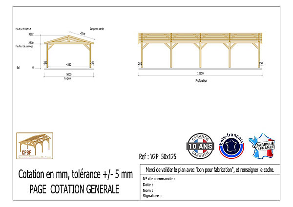 Carport 2 pentes, 500cm x 1250cm, bois DOUGLAS Français(Charpente en bois-auvent-abri voiture),63 m². Garantie 10 ans