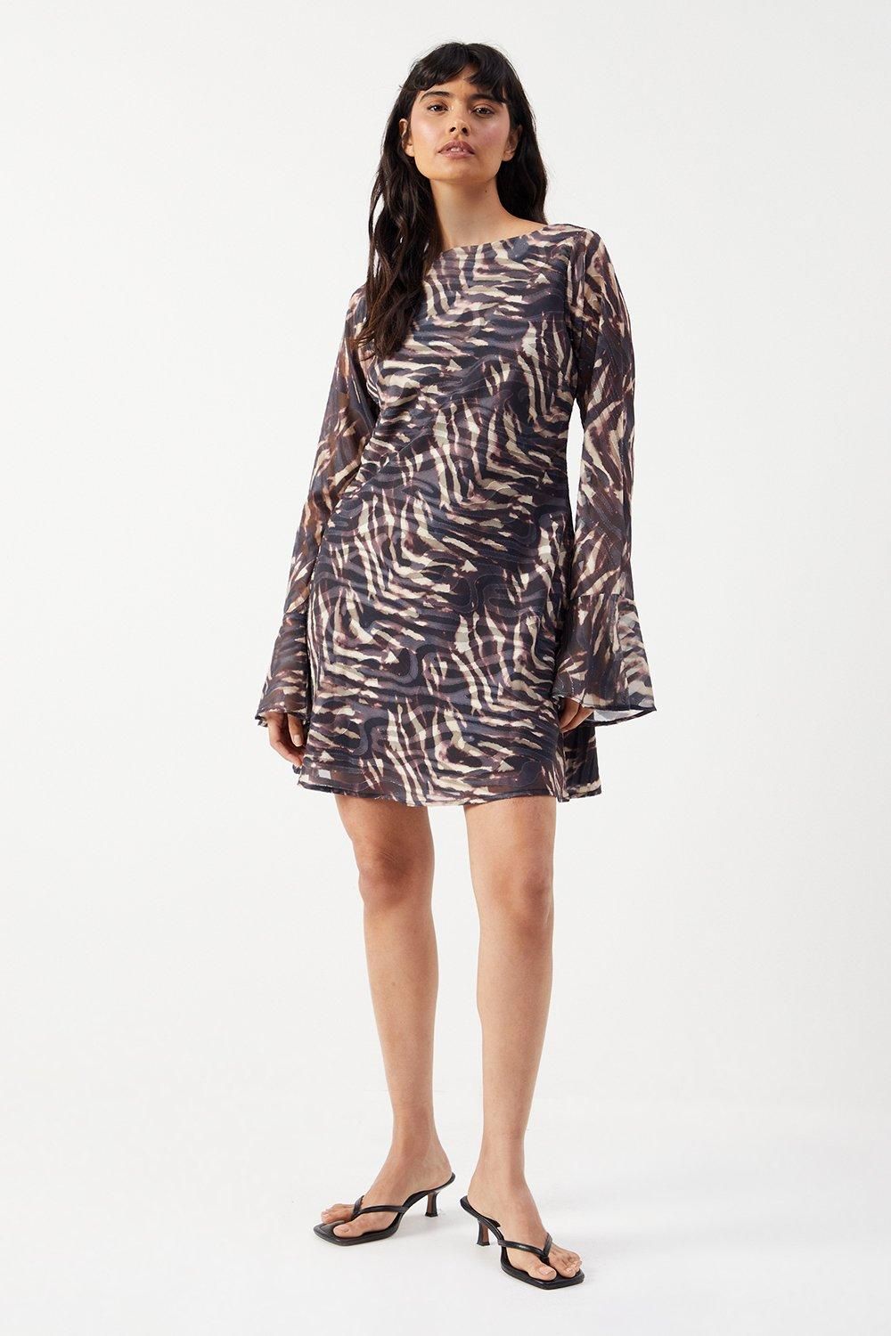 Warehouse Zebra Burnout Chiffon Bias Tie Back Mini Dress