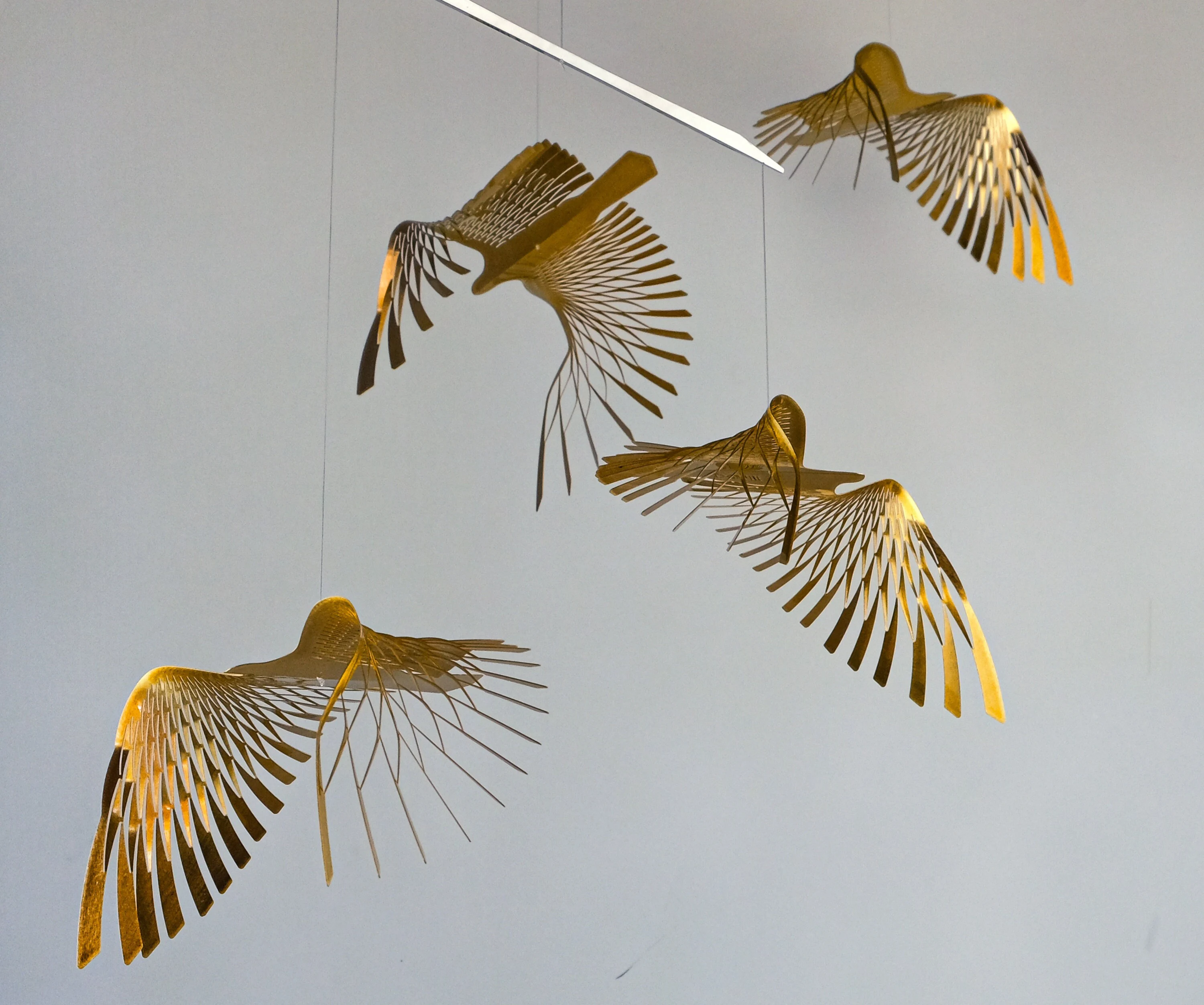 Golden Brass Bird Mobile, Kinetic Metal Art Sculpture, 4 or 5 Piece Flight
