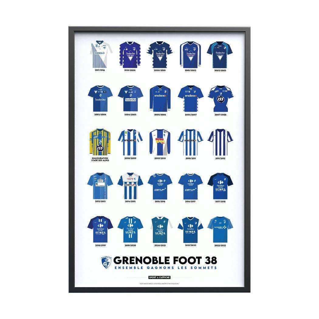 FOOTBALL - Affiche Foot - Grenoble Foot 38  Maillots Historiques  30 x 40 cm