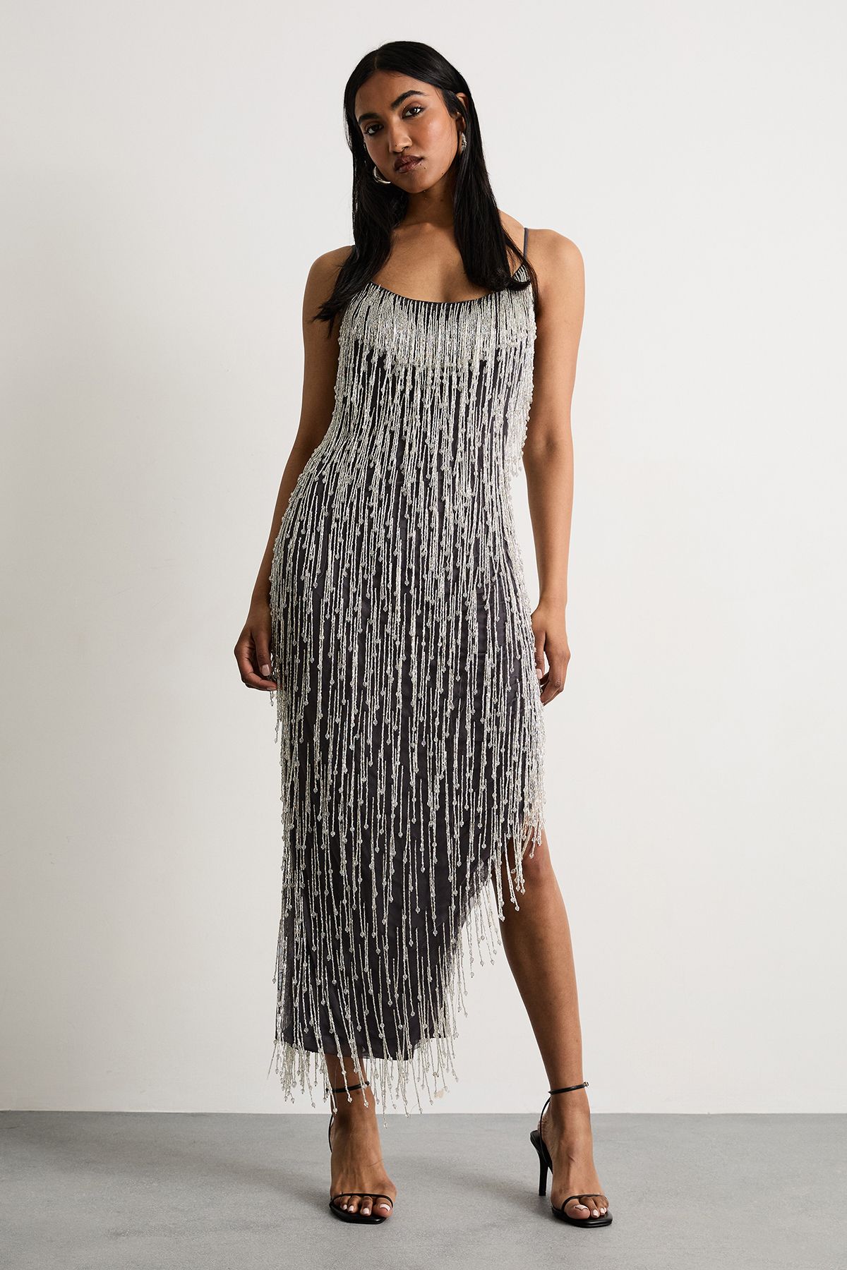 Warehouse Hand Embellished Sequin Tassel Midi Dress