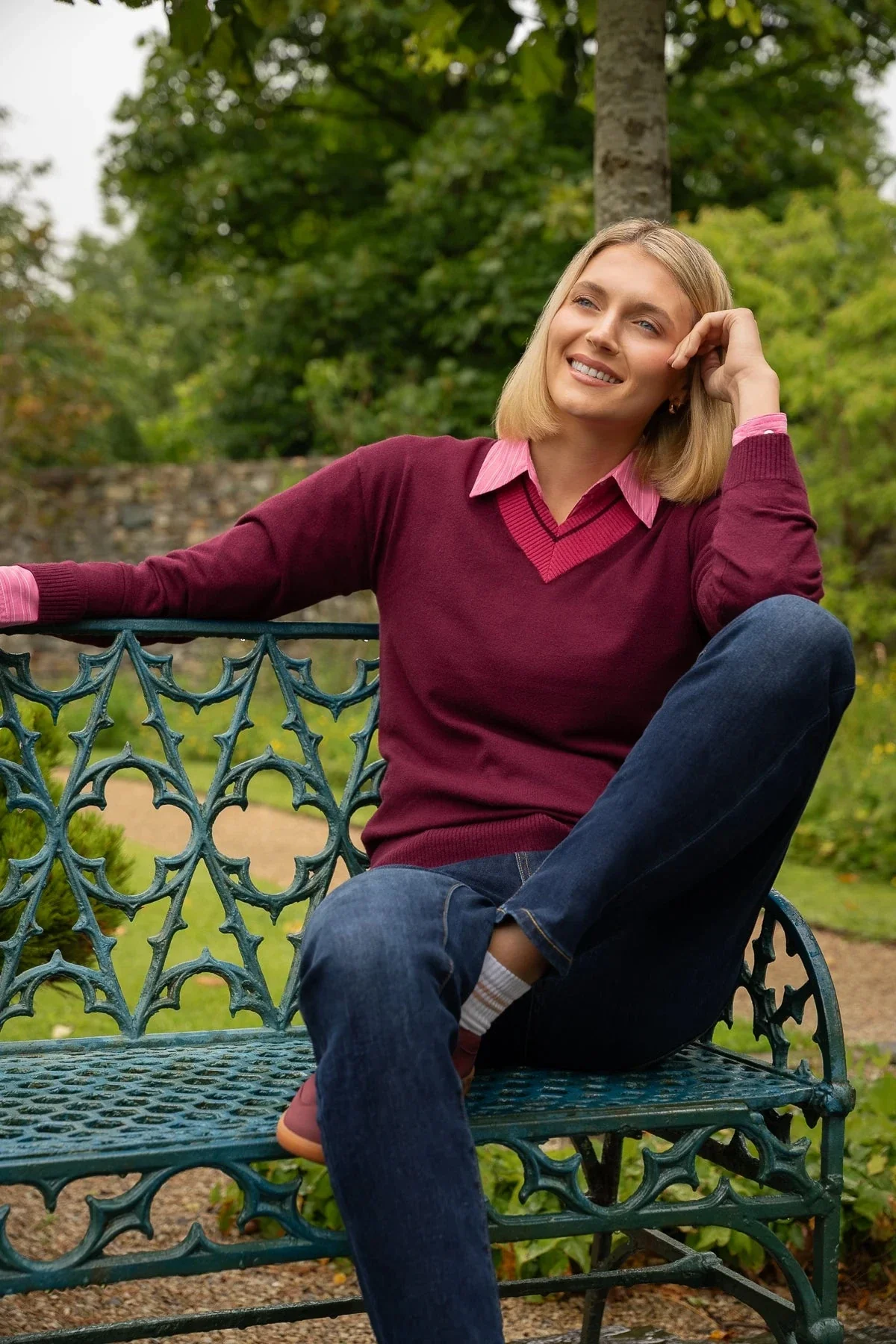 Burgundy Lurex V-Neck Jumper