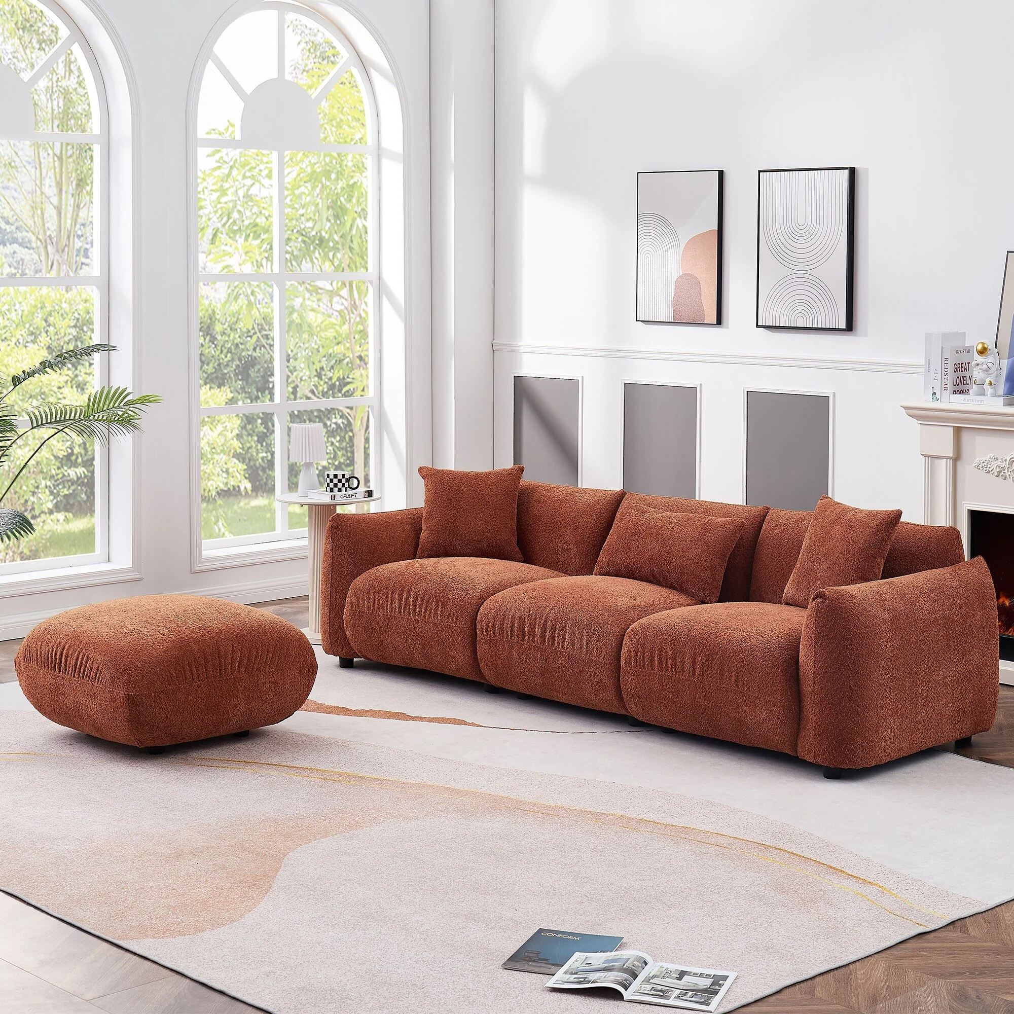 Orange 102.36'' Boucle Fabric 3-Seater Sofa with Ottoman and Ergonomic Back