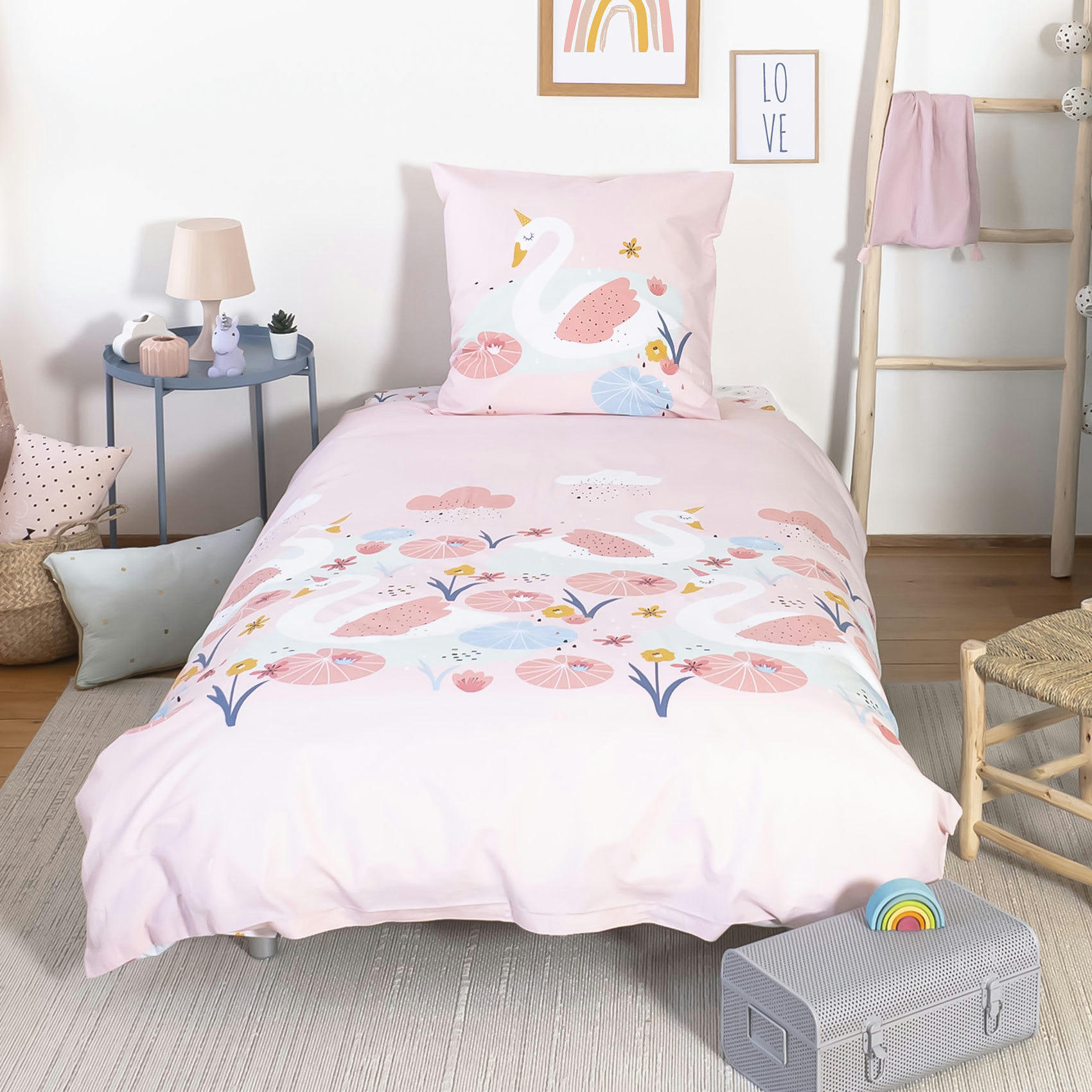 - Parure de couette cygnes enchantés coton rose 200 x 140