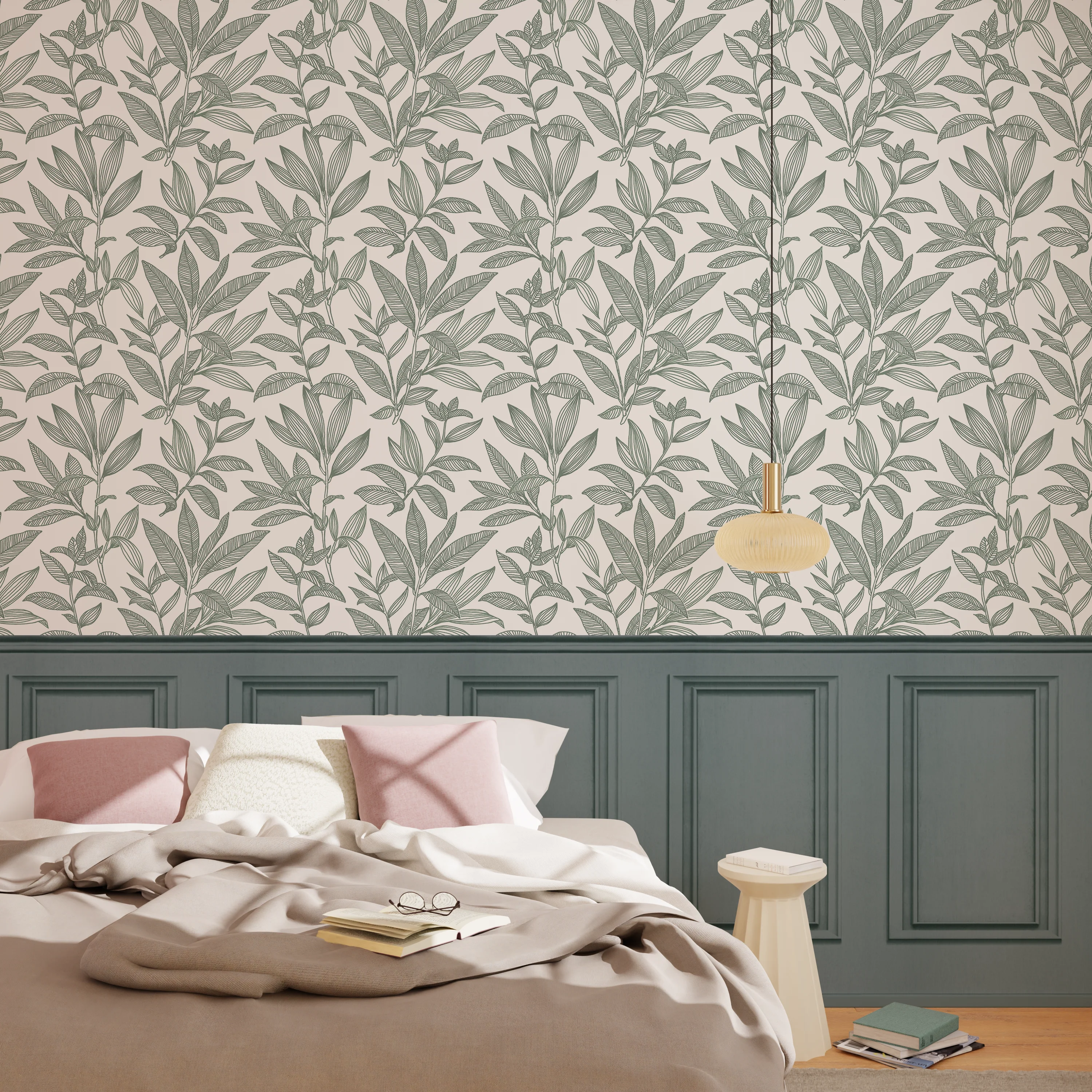 Papier peint intissé SOUBASSEMENT MOULURES vert de gris