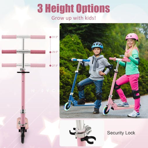 NNECW Foldable Lightweight Scooter with Adjustable Height Handlebar and LED Light for Kids-Pink
