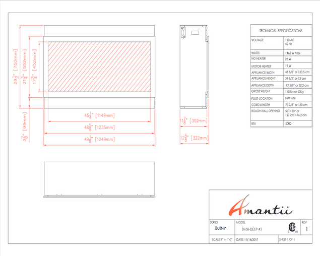 Amantii Smart 50&Prime; Wide &ndash; Deep Indoor or Outdoor Electric Built-in only with Black Steel Surround