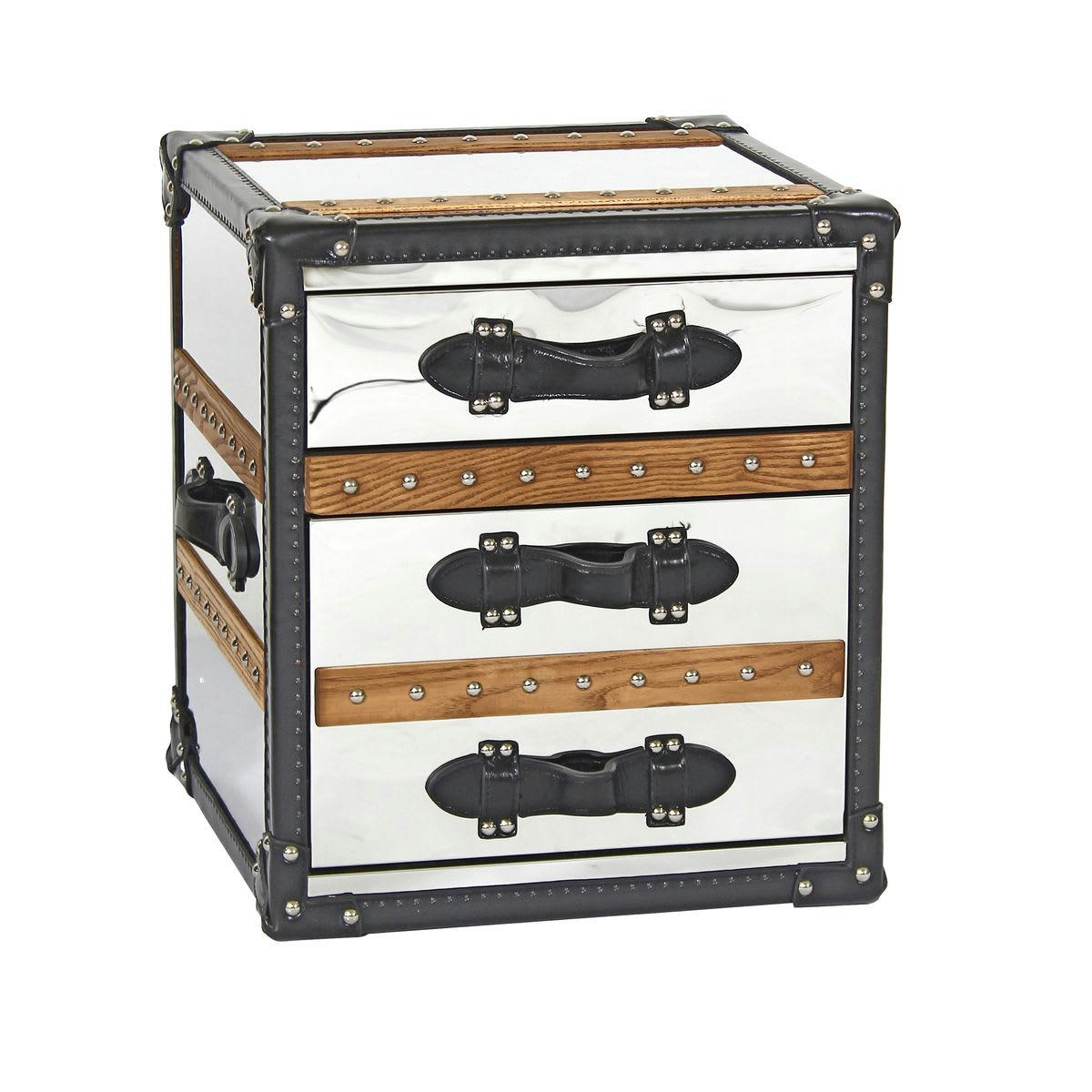 ILLIADE - Meuble d'appoint 3 tiroirs en acier inoxydable et cuir