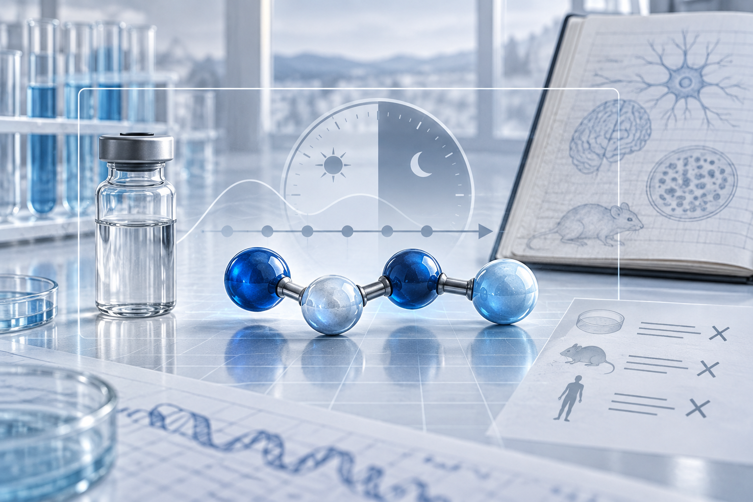Compact four-node blue peptide motif with a timeline frame and research vial on a pale laboratory grid.