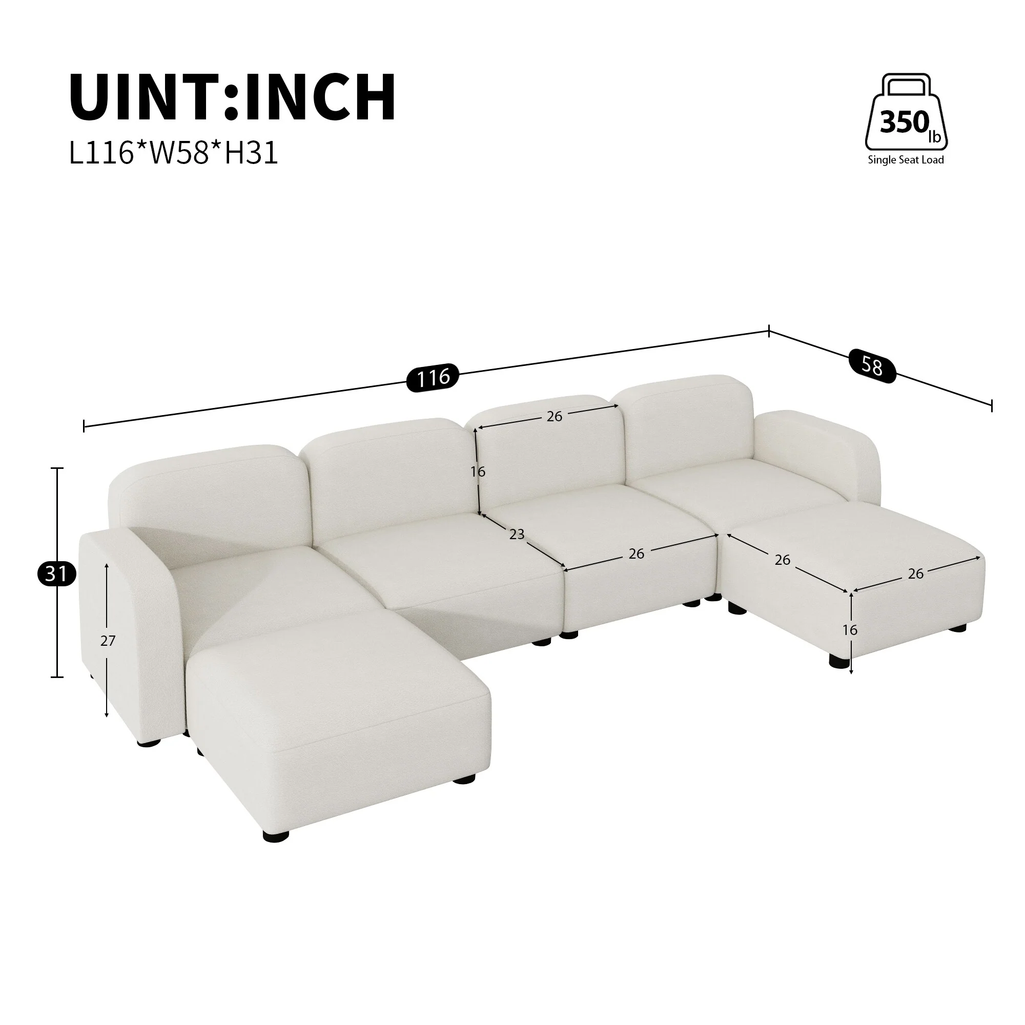 116 Modular U-Shaped Velvet 6-Seat Sofa