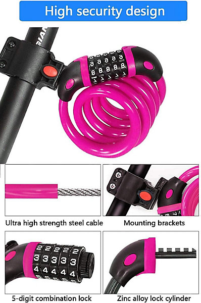 BASHLWUA Antivol Velo(Rose),Cadenas de velos Long 120cm x 12mm,Câble Antivol pour Vélo Scooter Motos Portail Vélo avec 5 Chiffres