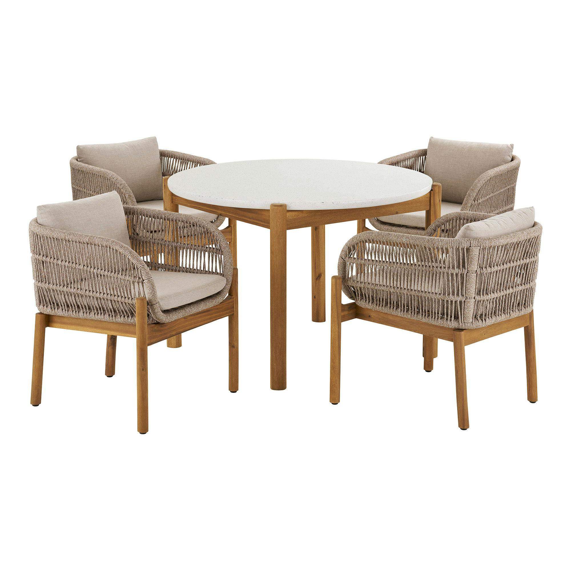 Salon de jardin en bois d'acacia et corde tressée (1 table de jardin ø120 cm et 4 sièges) MENDOZA
