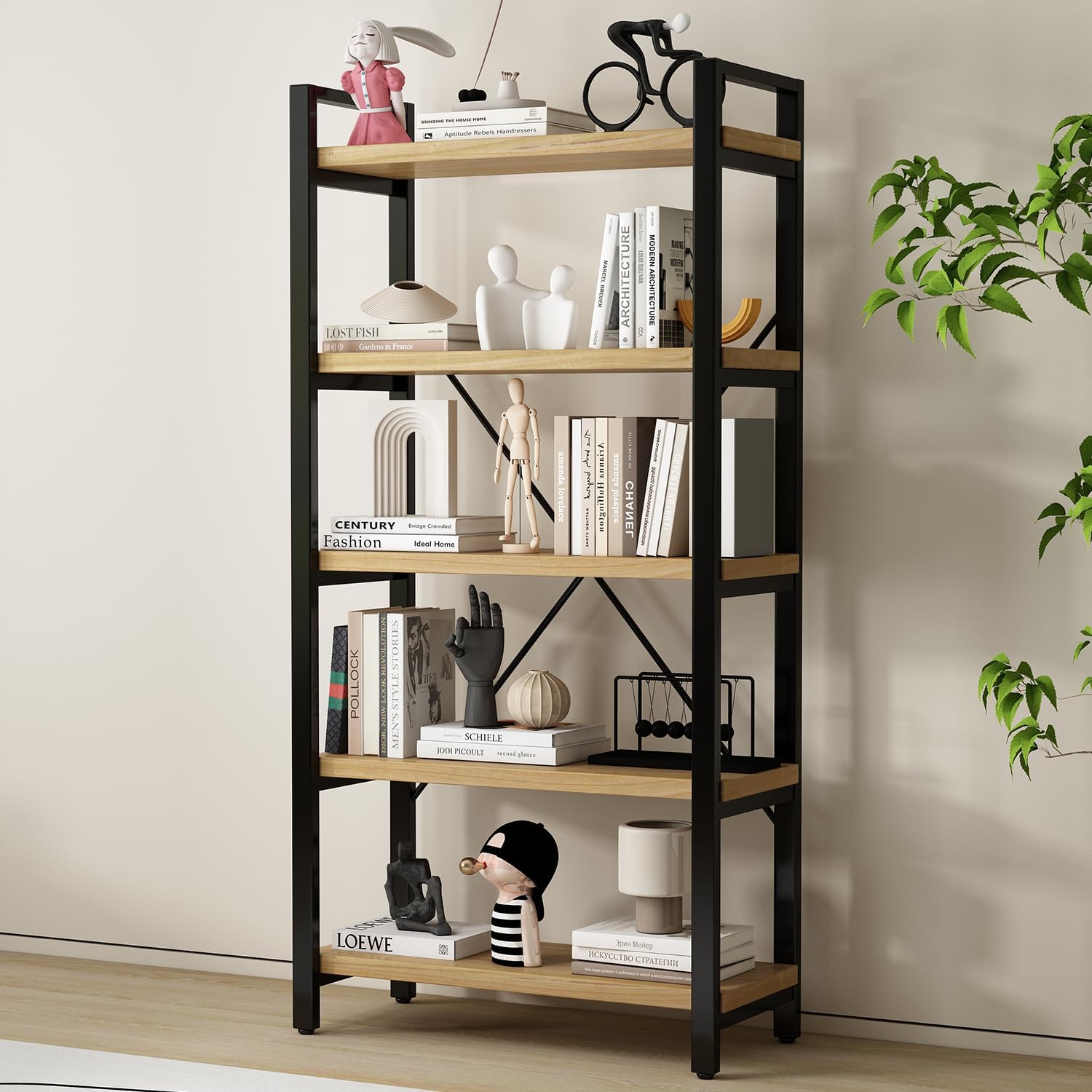 Real Solid Wood Bookshelf Shelves Rustic Vintage Industrial Etagere Bookshelf, Metal & Timber Free Vintage Bookcase, (Genuine Timber) (5-Tiers-Natural Finish)