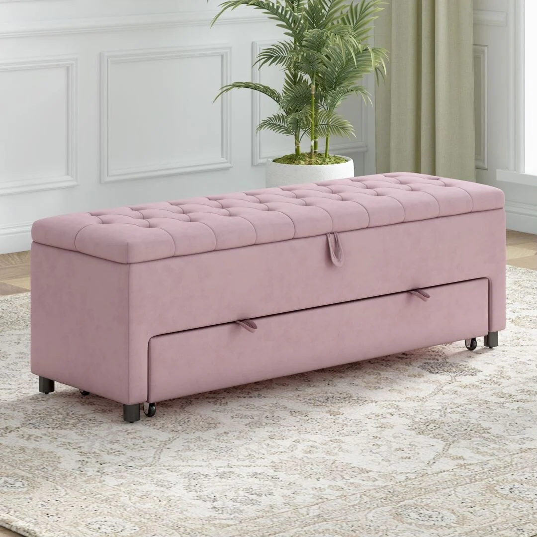 Upholstered Button-Tufted Ottoman with Two Spacious Storage Space