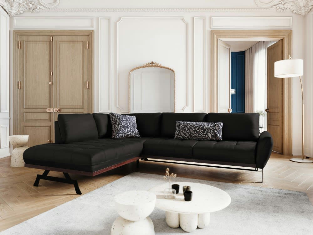 OLIVIER - Canapé d'angle 5 places en cuir noir