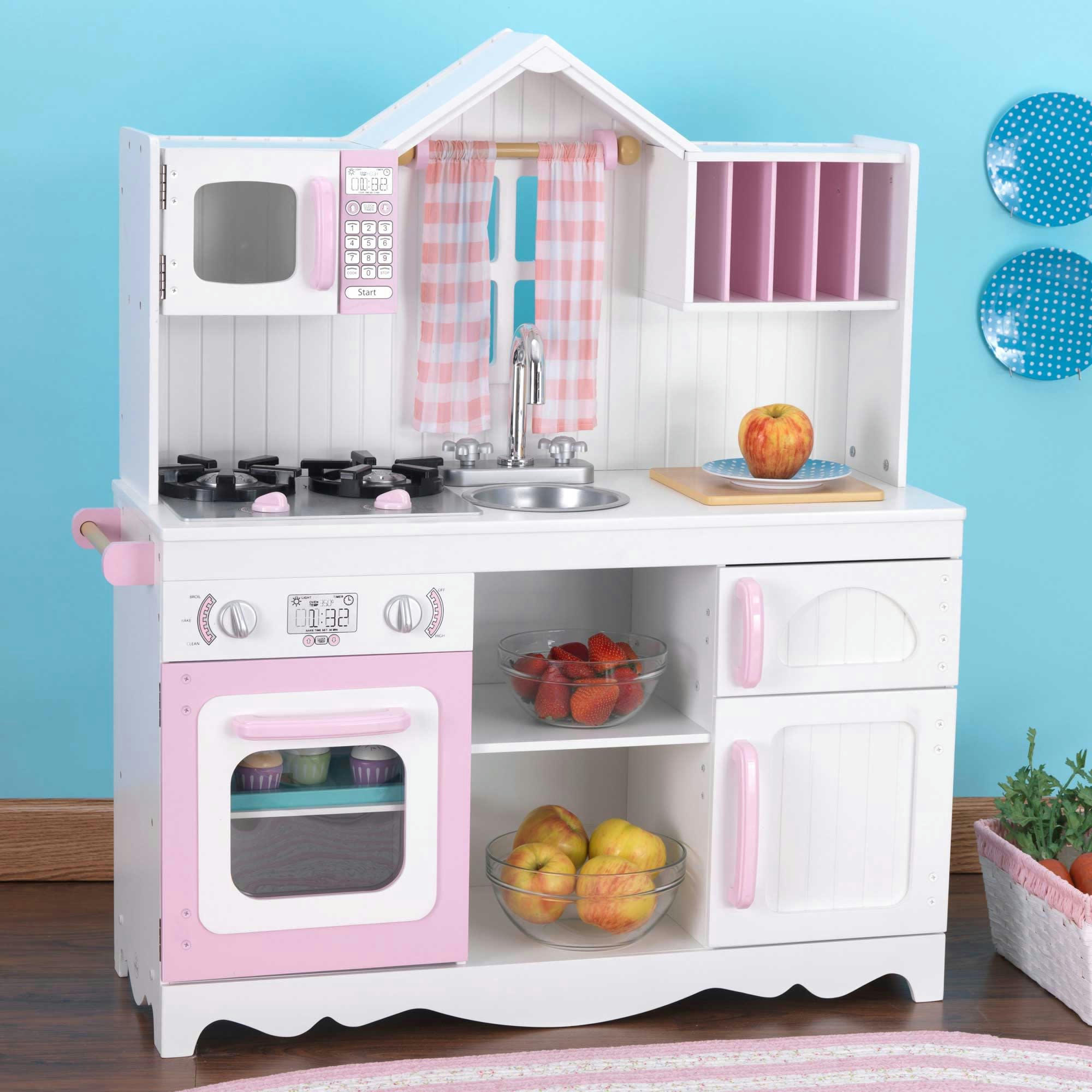 - Cuisine pour enfants campagnarde en bois rose en blanc