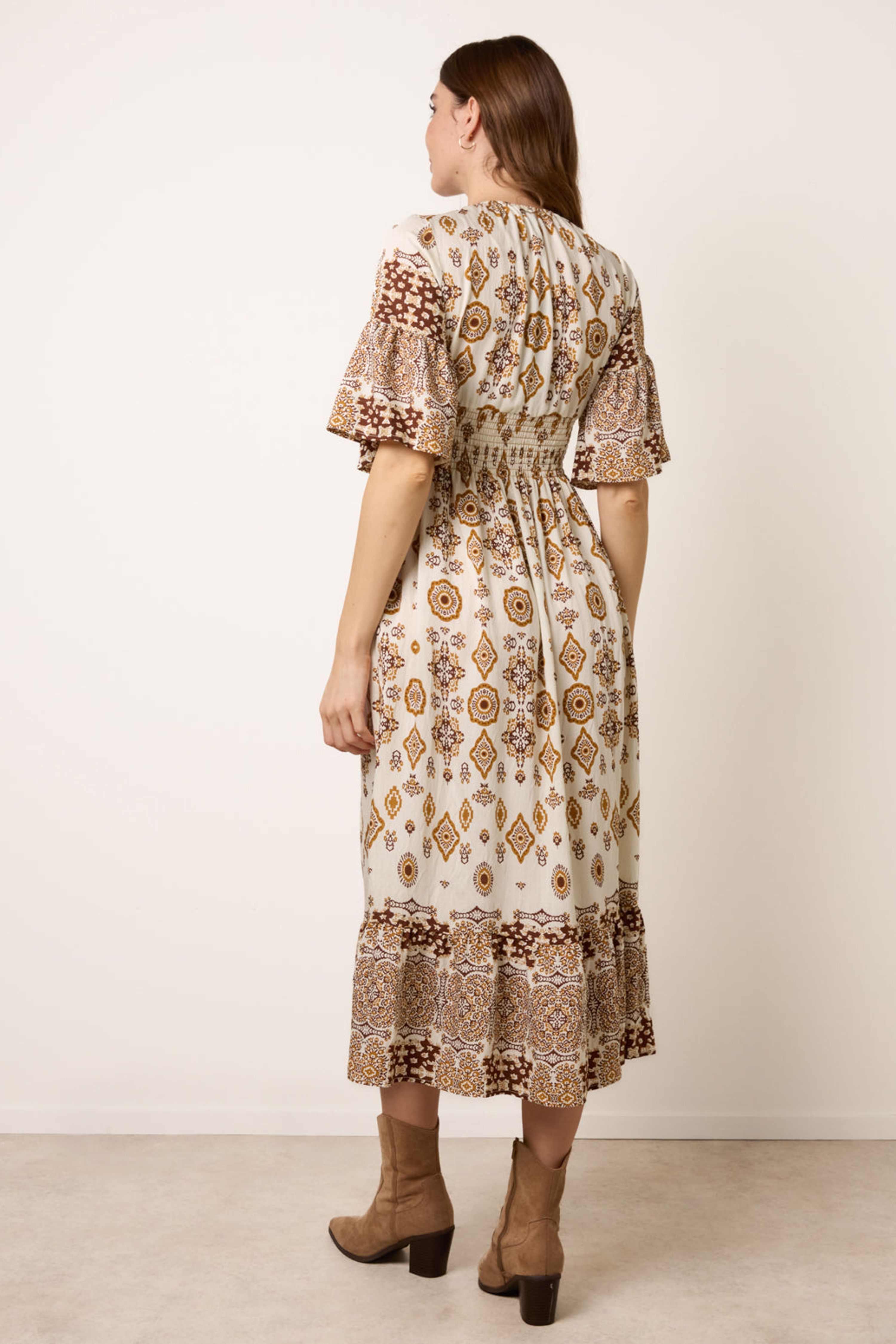 Blue Vanilla Brown V Neck Border Print Dress