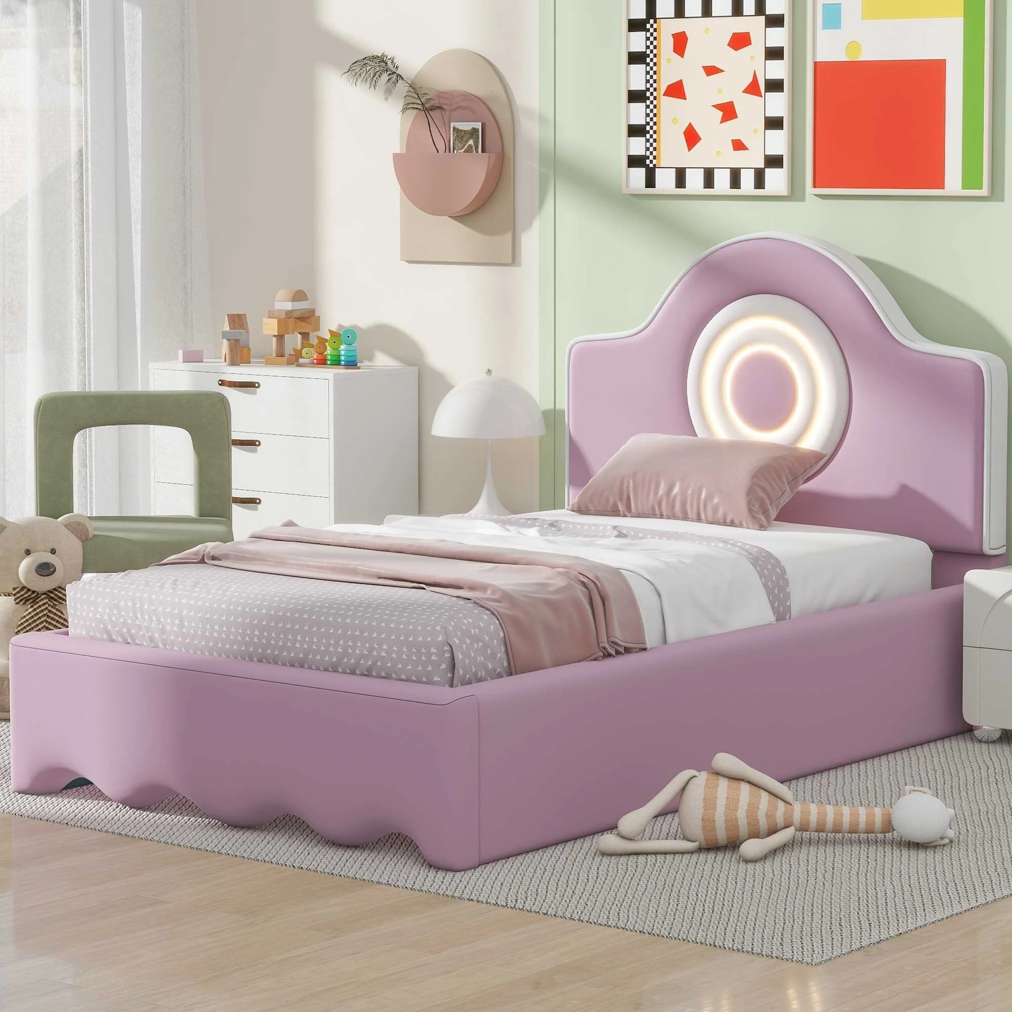 Twin Upholstered Platform Bed with LED Headboard, Pink