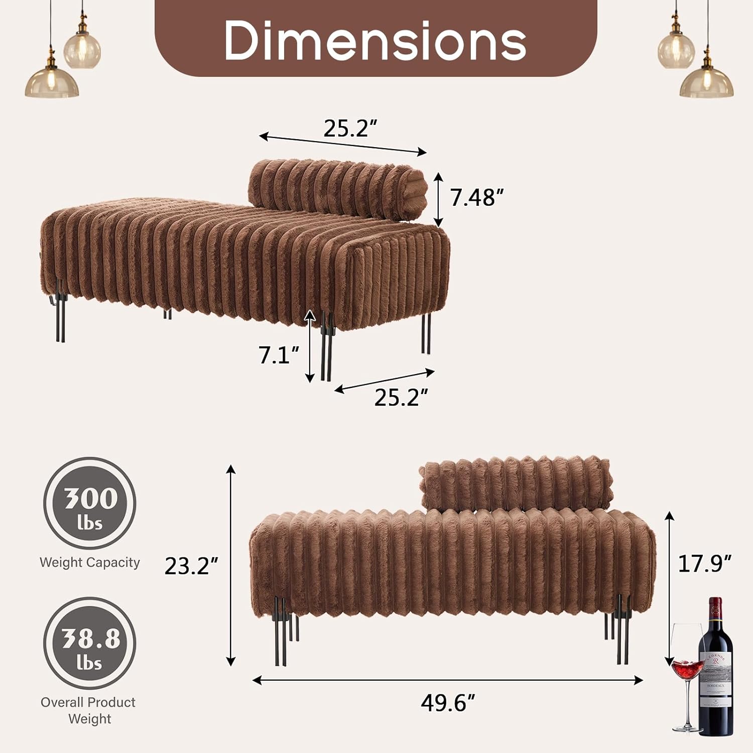 NIOIIKIT 49.6 Modern Loveseat Sofa Couch, Upholstered Accent Sofa with Golden Legs and Adjustable Backrest, Small Faux Fur Couches for Bedroom, Living Room, Compact Small Space (Brown)