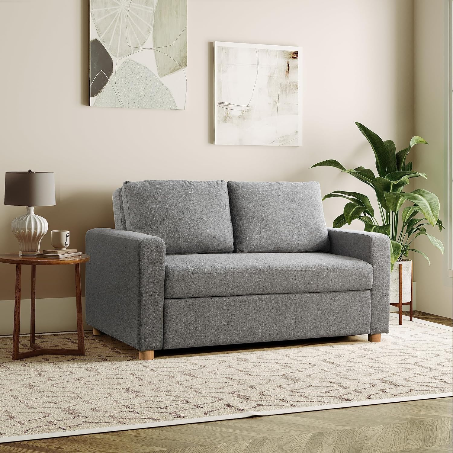 Serta Tulsa 66.1 Convertible Sleeper Loveseat, Full Size, Dreamcoil Comfort, FingerGuard Pinch Point Protection, Boucle Fabric, Grey