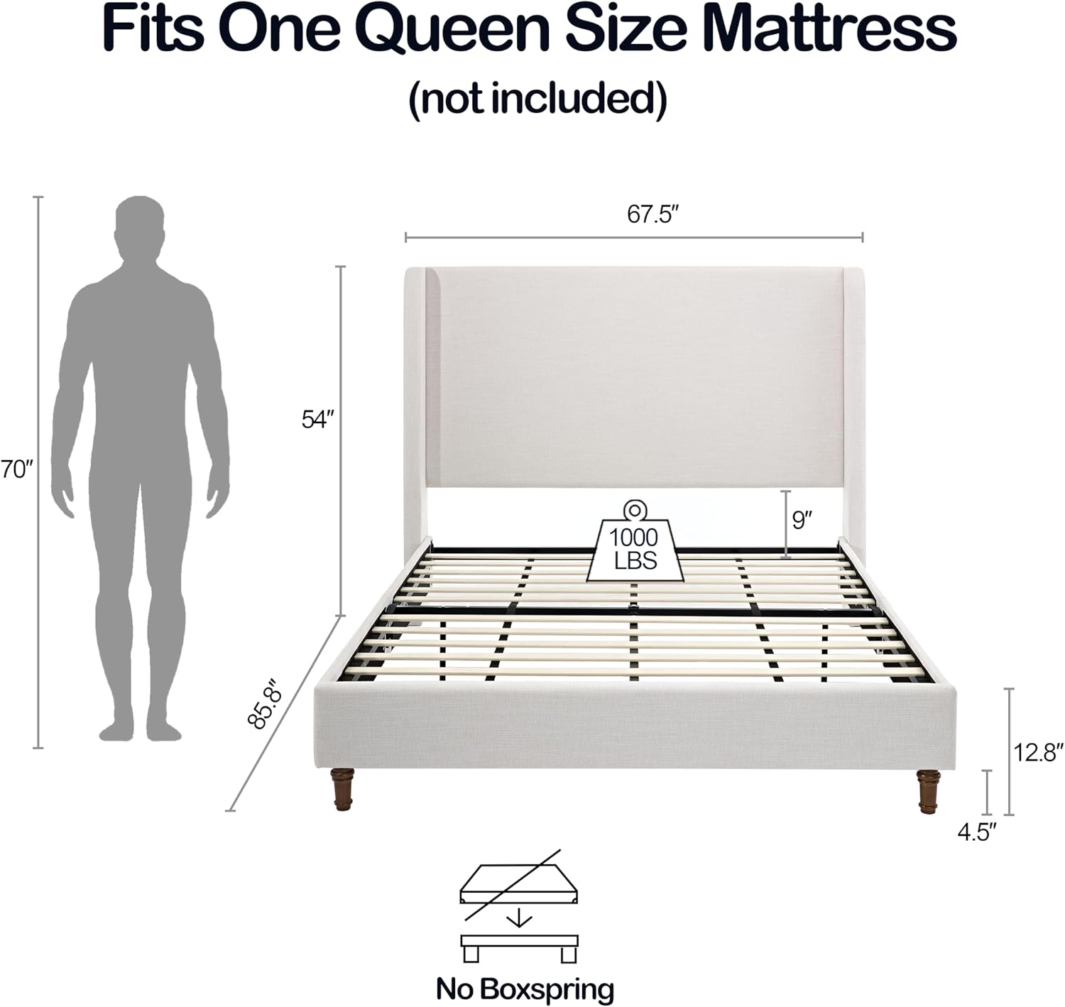 Queen 54 Tall Headboard Wingback Upholstered Platform Bed Frame Elegant Simplicity Textured Canvas for Bedroom Strong Wood Slats Support No Box Spring Needed Easy Assembly No Noise Ivory
