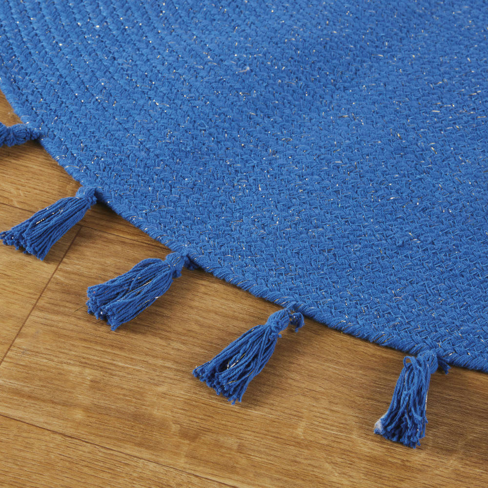 - Tapis rond tissé bleu à fil lurex et pompons