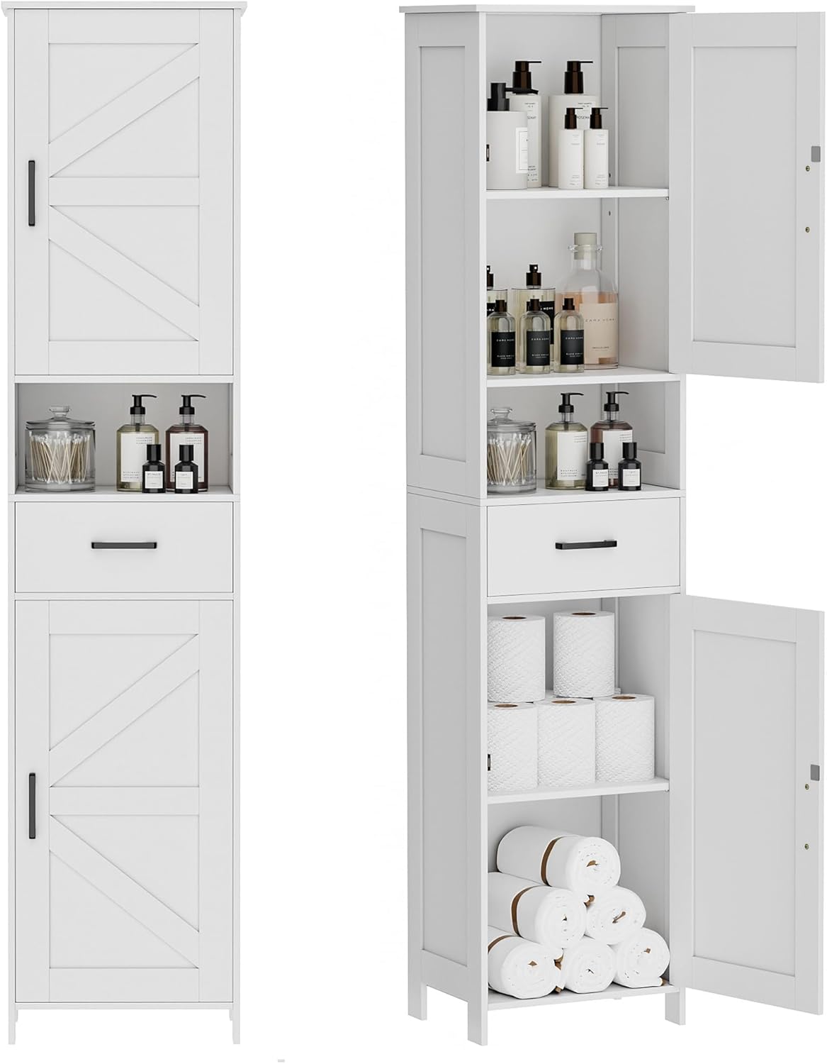 Homhedy 67 H Tall Bathroom Storage Cabinet with 2 Barn Doors and 1 Drawer, Narrow Storage Unit, Adjustable Shelves, Floor Cabinet for Bathroom, Living Room, Entryway, Kitchen, White, (15.7 W)