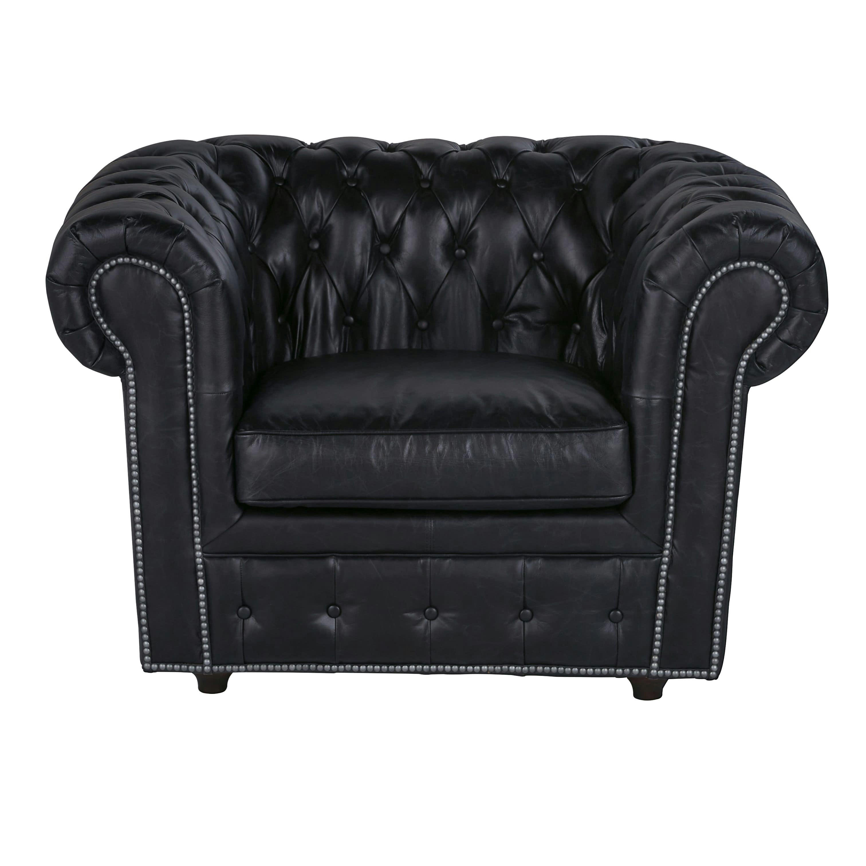 Chesterfield - Fauteuil capitonné en cuir noir