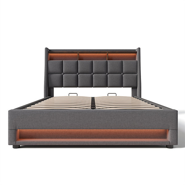 Lit rembourré hydraulique 140x200 cm lit de rangement lit usb lit en métal lit cadre à lattes en bois lit led double lin gris