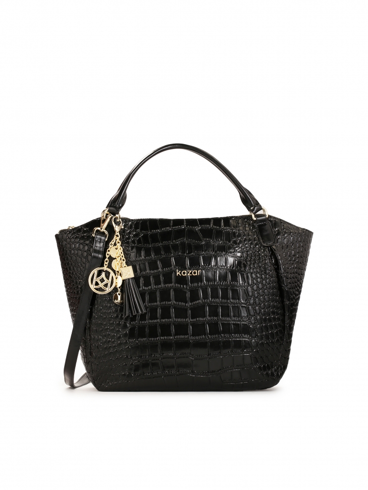 Black handbag with detachable strap in embossed crocodile pattern