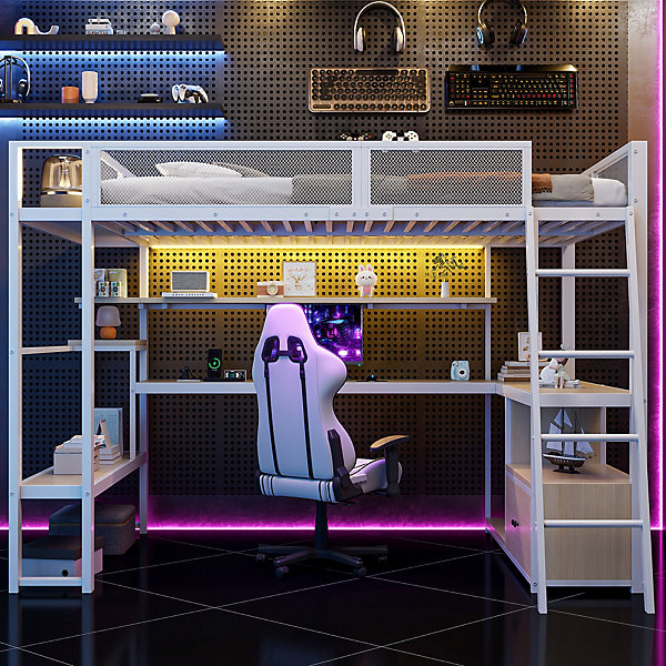 Lit mezzanine en métal 140x200 cm - Avec LED - Bureau et étagère de rangement - Port USB - Blanc (sans matelas)